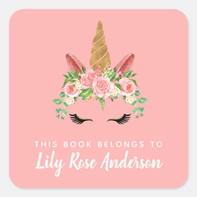 Sticker Carré Ce Livre Appartient À Pink Unicorn Bookplate (Devant)