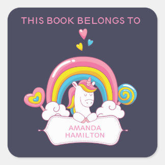 STICKER CARRÉ CE LIVRE APPARTIENT À ROSE TRENDY UNICORN RAINBON