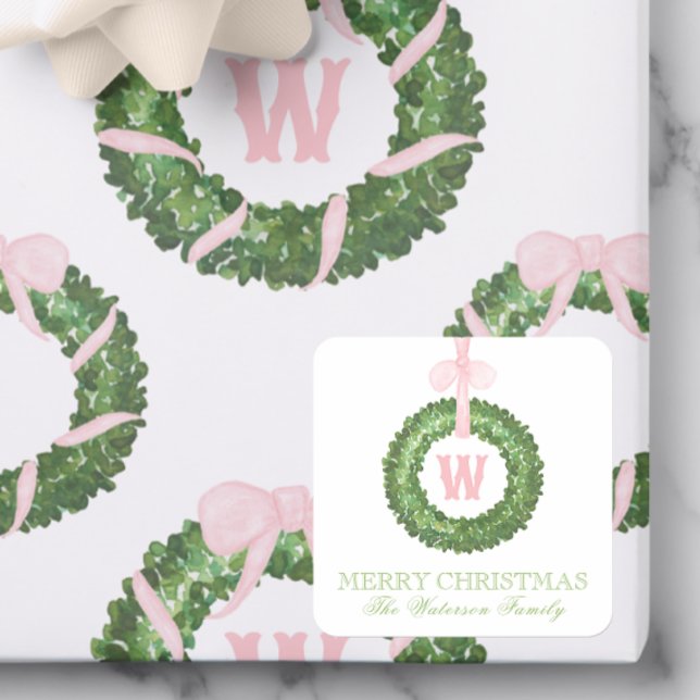 Sticker Carré Ceinture rose Bois de Noël Monogramme Boîtier de c (Créateur téléchargé)