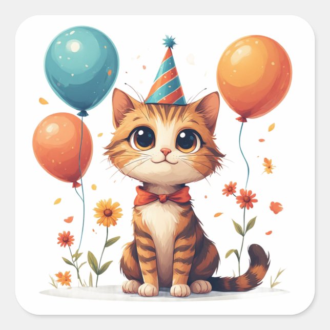 Sticker Carré Célébration d'anniversaire de chaton avec ballons  (Devant)