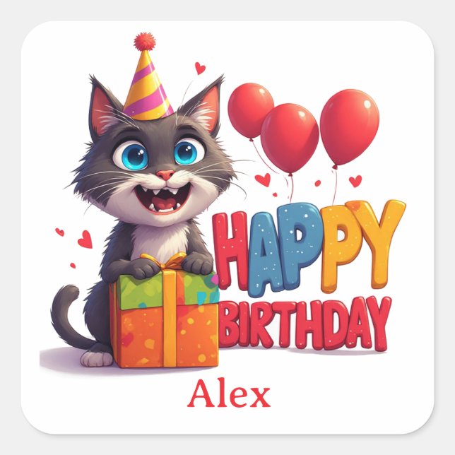 Sticker Carré Célébration d'anniversaire de chaton mignon 🥳 (Devant)