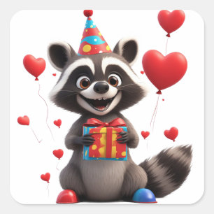 Sticker Carré 🐻 Célébration d'anniversaire de Raton Laveur Ador