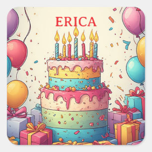 Sticker Carré 🎂 Célébration de gâteau d'anniversaire avec ballo