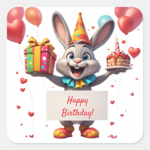 Sticker Carré Célébration de lapin avec cadeau et ballons 🐰
