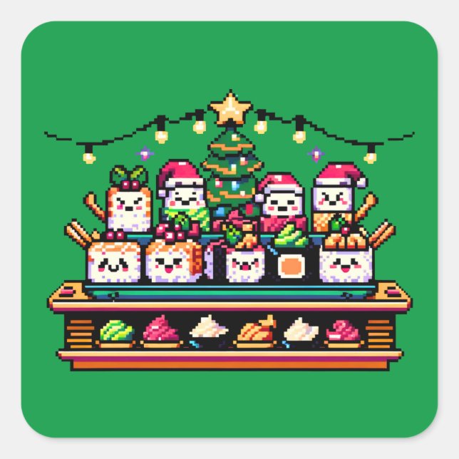Sticker Carré Célébration de Noël du Sushi - Festive 8 bits (Devant)