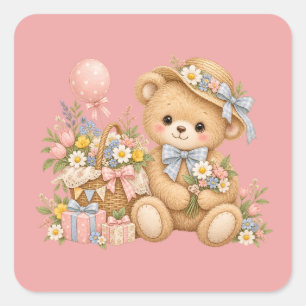 Sticker Carré Célébration de nounours vintage avec des fleurs sa