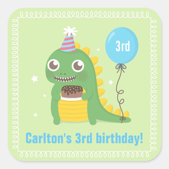 Sticker Carré Célébrations d'anniversaire de dinosaure vert mign (Devant)