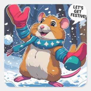 Sticker Carré Célébrons avec un hamster drôle qui lance une boul
