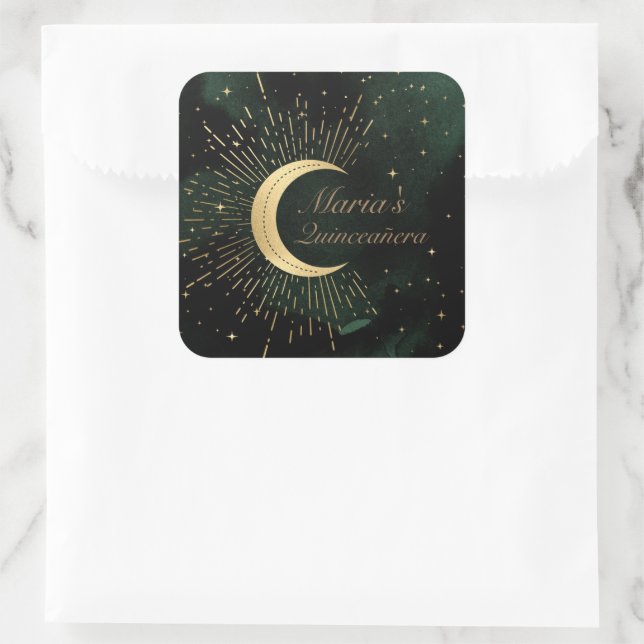 Sticker Carré Céleste Emerald Gold Moon Quinceañera (Sac)