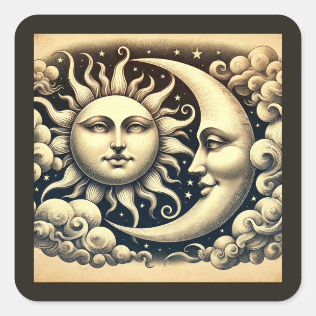 Sticker Carré Céleste Vintage Soleil & Lune (Devant)