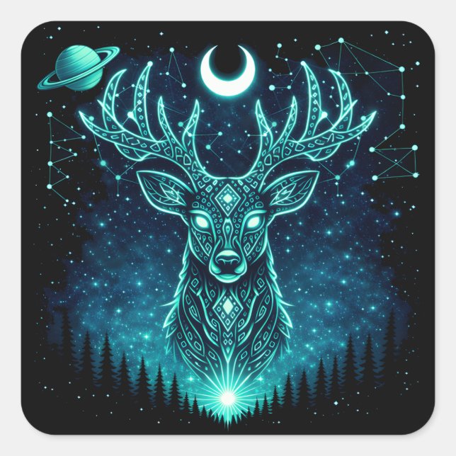 Sticker Carré Celestial Deer – Starlit Grace Wildlife Galaxy (Devant)