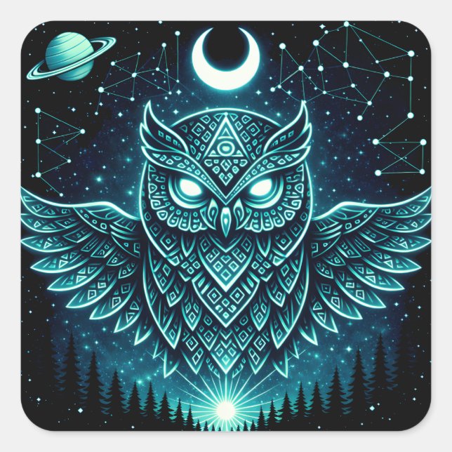 Sticker Carré Celestial Owl – Cosmic Wisdom Wildlife Galaxy (Devant)