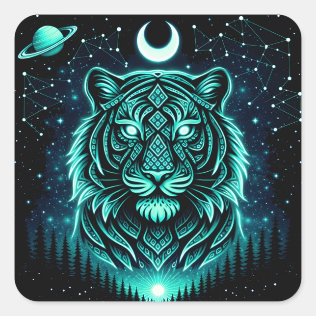 Sticker Carré Celestial Tiger – Cosmic Striker Wildlife Galaxy (Devant)