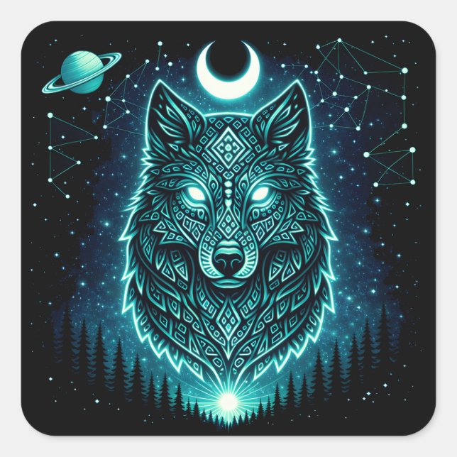 Sticker Carré Celestial Wolf – Cosmic Howl Wildlife Galaxy (Devant)