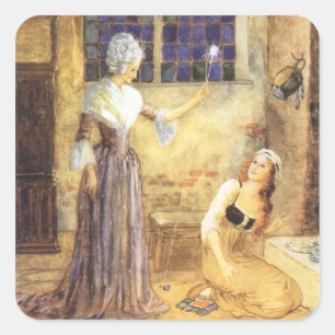 Sticker Carré Cendrillon de conte de fées vintage avec la fée ma