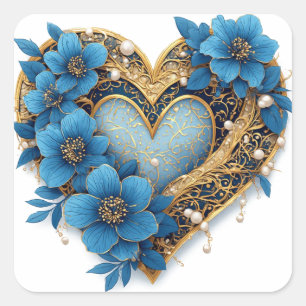 Sticker Carré 🌿 Cercle Floral à Cœur Doré pour Emballage Cadeau
