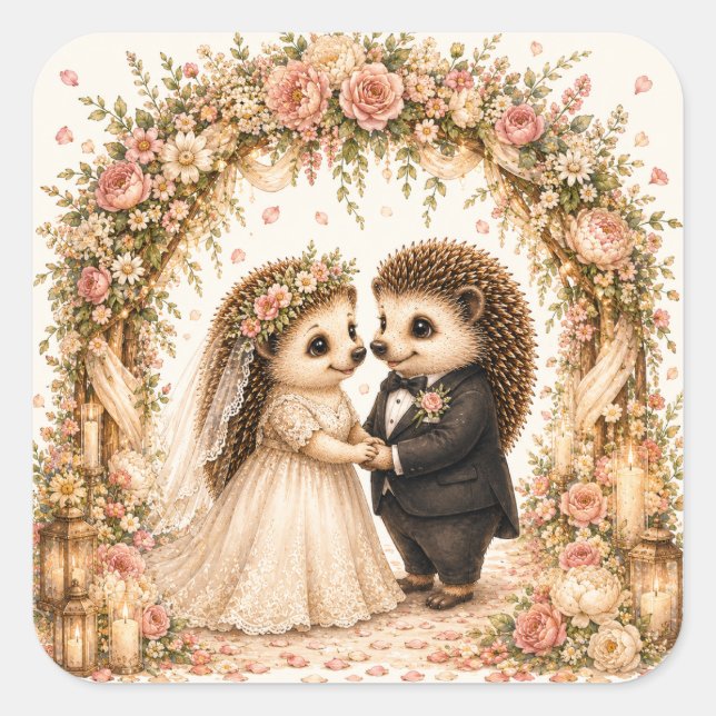 Sticker Carré Cérémonie de mariage de hérisson mignon avec des f (Devant)