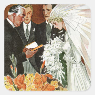 Sticker Carré Cérémonie de mariage vintage avec Mariée et Salle