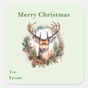 Sticker Carré Cerf avec bois Joyeux Noël rustique De la part de