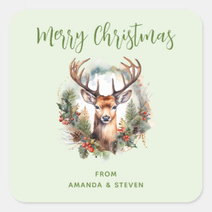 Sticker Carré Cerf Brun avec Bois Noël Rustique Joyeux