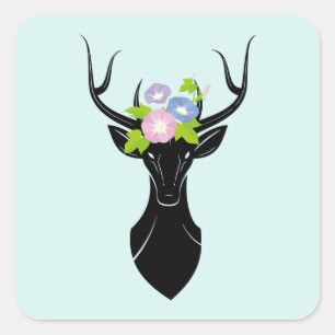 Sticker Carré Cerf Buck Silhouette Matin Fleurs de gloire Animau