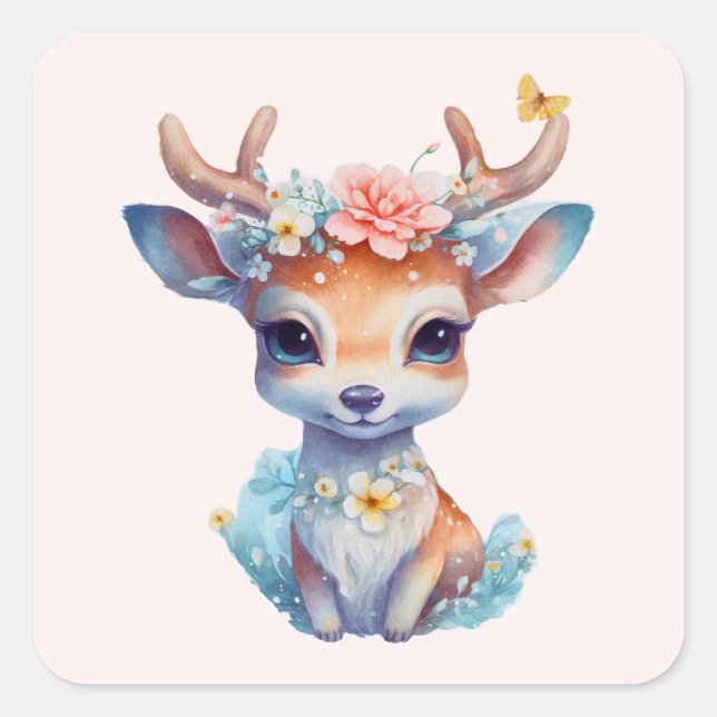 Sticker Carré Cerf de Bébé mignon avec Antlers et Fleurs (Devant)