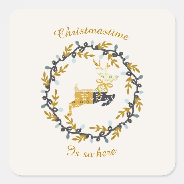 Sticker Carré Cerf de Noël & Couronne Crème Jaune        (Devant)