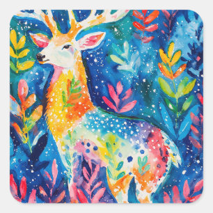 Sticker Carré Cerf d'hiver coloré aquarelle