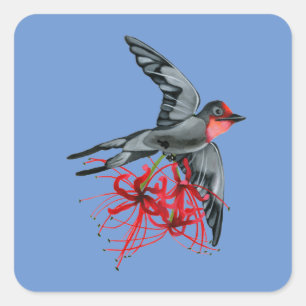 Sticker Carré Cerf-volant Swallowtail en vol avec nénuphars roug