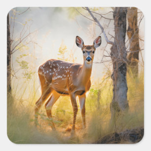 Sticker Carré Cerfs Élégants dans la Forêt Design Naturel