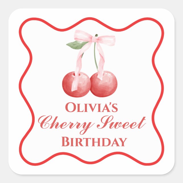 Sticker Carré Cerise Douce anniversaire Ruban Rose Gingham (Devant)