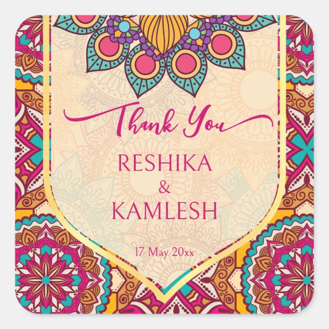 Sticker Carré Cerise mandala rangoli mariage nom personnalisé (Devant)