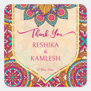 Sticker Carré Cerise mandala rangoli mariage nom personnalisé
