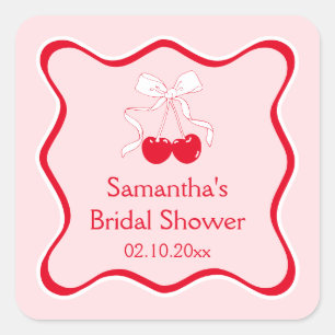 Sticker Carré Cerise Rose Rouge Sur Le Haut Ruban Cadeau de Fête
