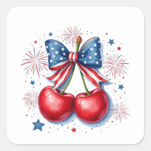 Sticker Carré Cerises avec Coquette Bow 4 juillet Américain