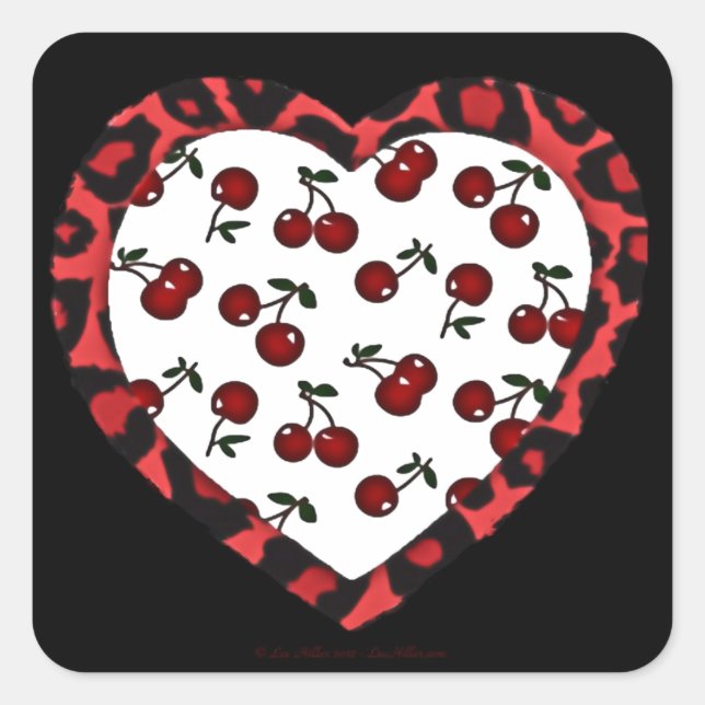 Sticker Carré Cerises RAB Imprimé Léopard Cœur Rockabilly (Devant)