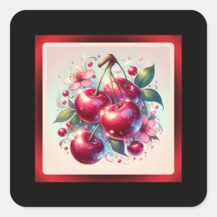 Sticker Carré Cerises Rouges Mignonnes Florales Rose Féminin