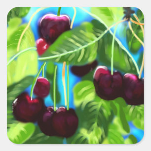 Sticker Carré Cerises suspendues des branches Cerise Rouge Vert