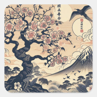 Sticker Carré Cerisier Japonais Estampe Sur Bois Grue Mont Fuji
