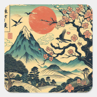 Sticker Carré Cerisier Japonais Gravure sur Bois Soleil Rouge Mo
