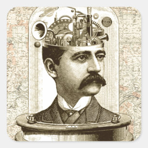 Sticker Carré Cerveau steampunk vintage, homme moustache