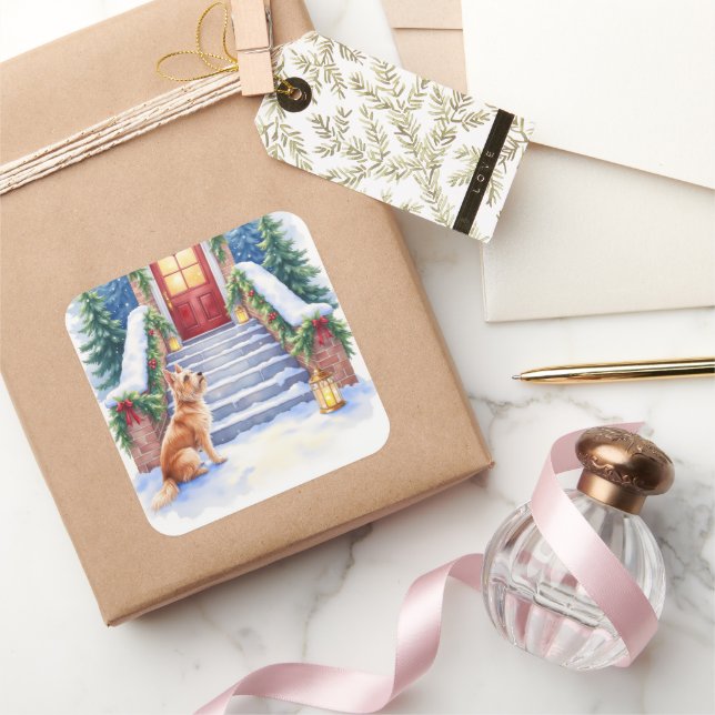 Sticker Carré Cesky Terrier Snowy Staircase Christmas Art (Cadeaux)