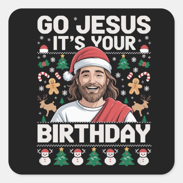 Sticker Carré C'est l'anniversaire de Jésus, sale pull de Noël (Devant)