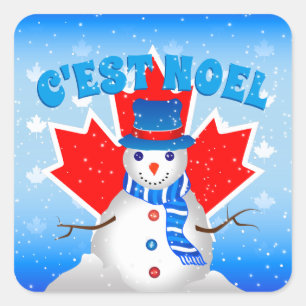 Sticker Carré C'est Noel Snowman Canadian Maple Leaf Noël