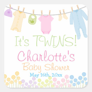 Sticker Carré C'est TWINS ! Fête du Baby shower des petits vêtem