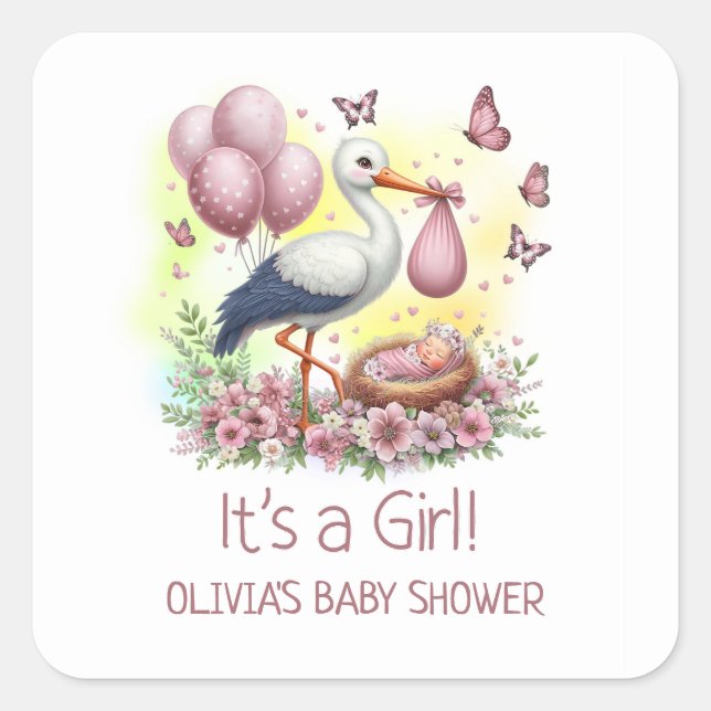 Sticker Carré C'est un Baby shower de cigogne rose fille (Devant)