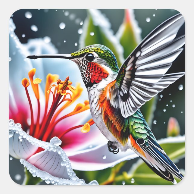 Sticker Carré C'est un bel oiseau-colibri d'hibiscus givré b (Devant)