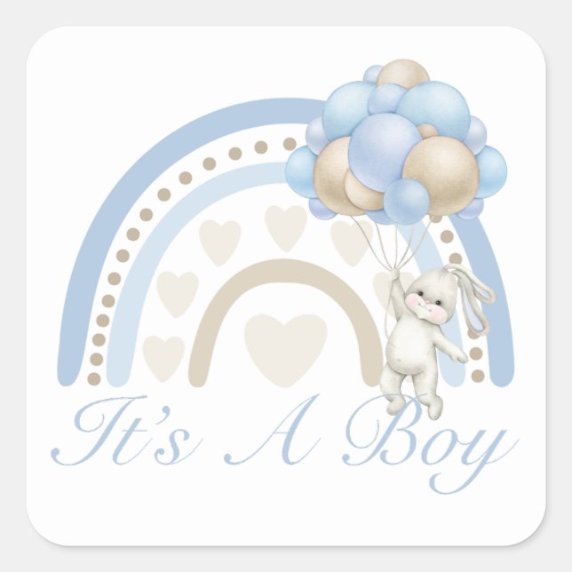 Sticker Carré C'est un Garçon Baby Shower Arc-en-Ciel Bleu Paste (Devant)
