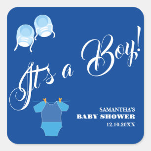 Sticker Carré C'est un garçon ! Baby shower bleu moderne. Servie