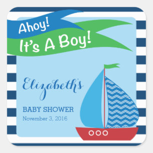 Sticker Carré C'est Un garçon, Baby shower bleu nautique